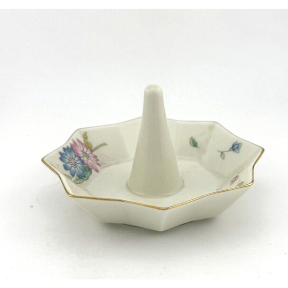 Fred Roberts Company Japan Porcelain octagon ring holder floral with gold rim - Picture 6 of 13